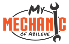 Logo for "My Mechanic of Abilene" with orange text, a black wrench, and a black oval.