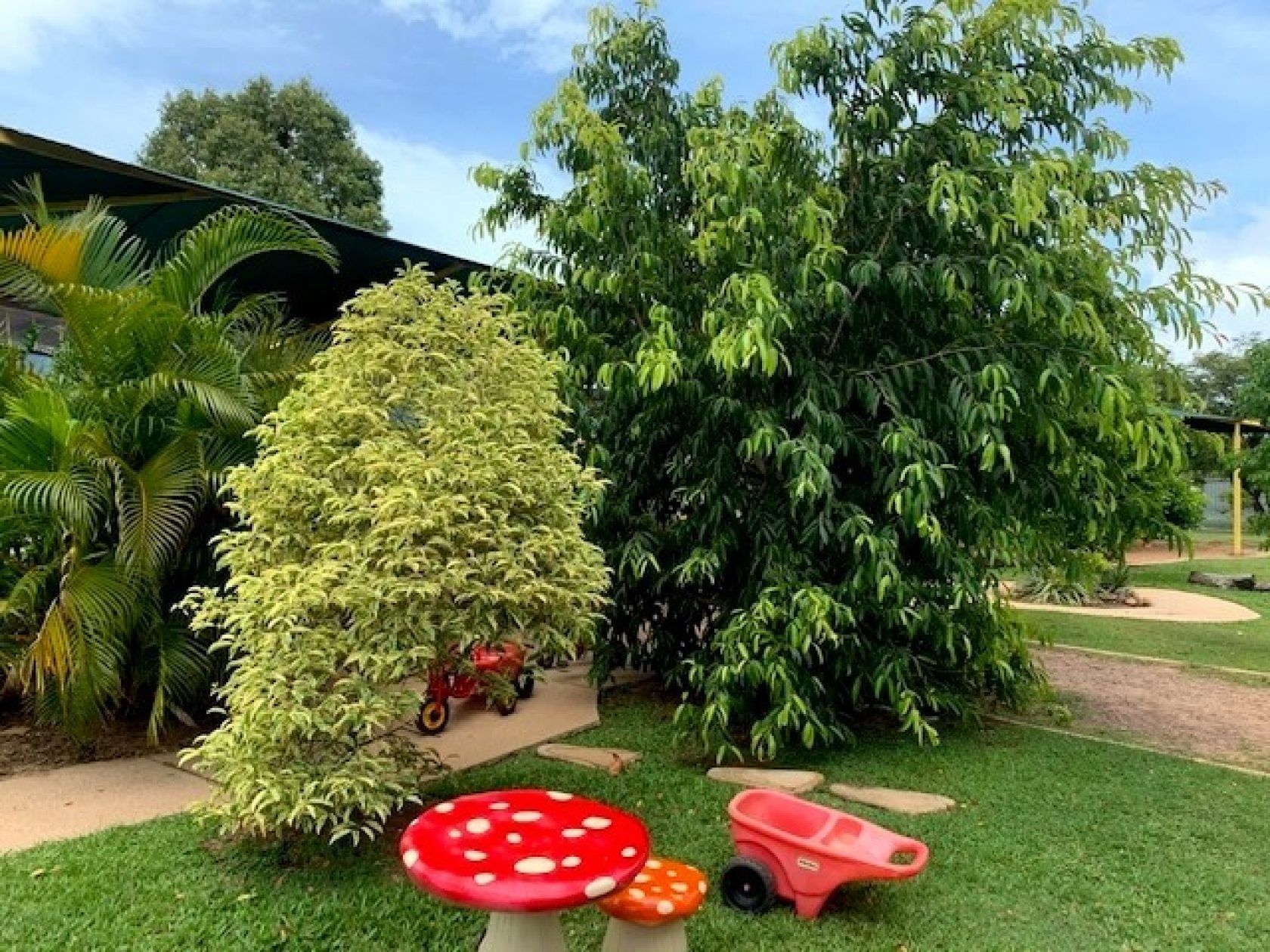 Playground scene: Red mushroom stools, toy wheelbarrow, green lawn, lush trees, and a building.