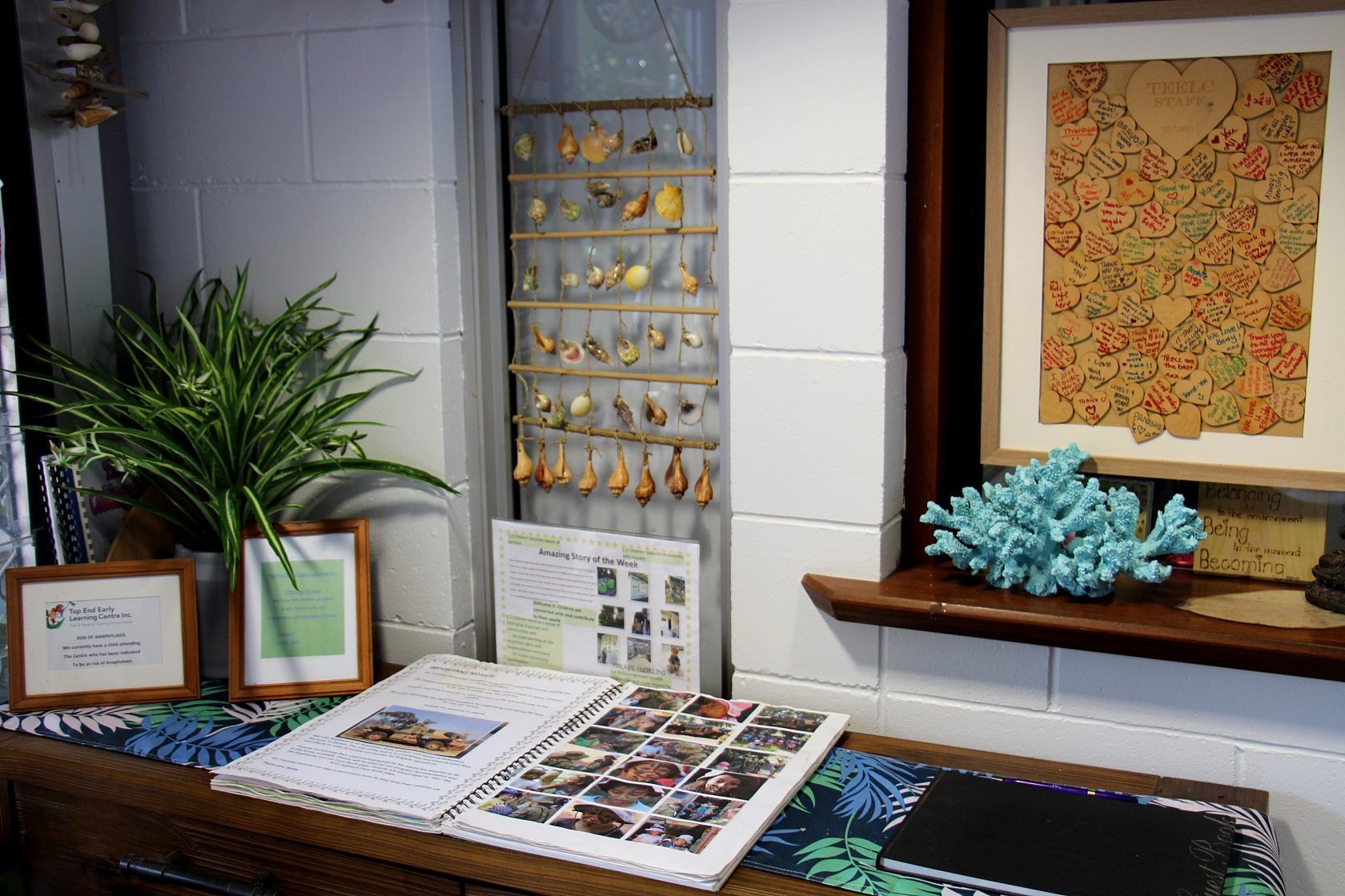 Display with framed art, plants, jewelry, and open books on a shelf.