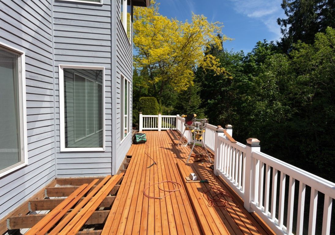 Newly constructed backyard wooden deck