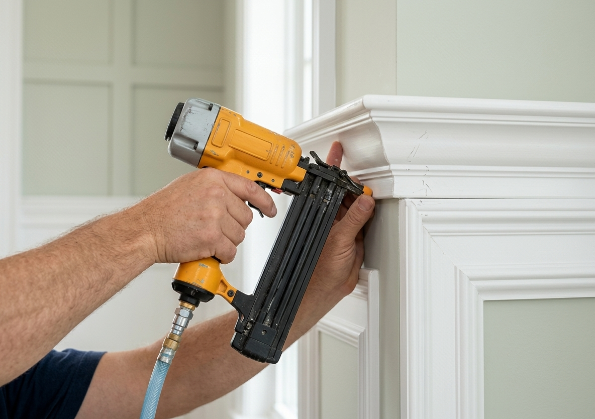 Installing white crown molding with a nail gun