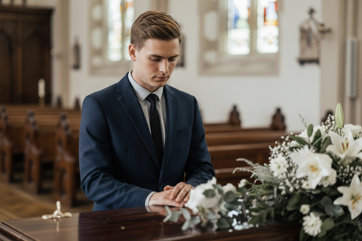 A man in a suit is sitting at a coffin at a funeral.