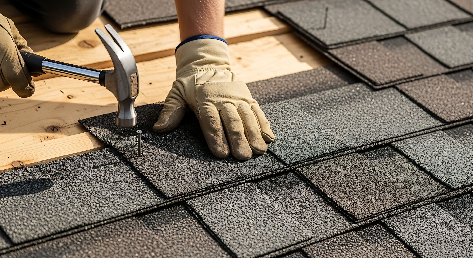 A roofing installation contractor aligning durable asphalt shingles with a precision claw hammer. A roofing installation contractor aligning durable asphalt shingles with a precision claw hammer.