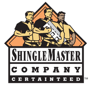 Logo for Shingle Master Company: Three roofers in yellow shirts and black shorts holding a roofing tool inside a diamond.
