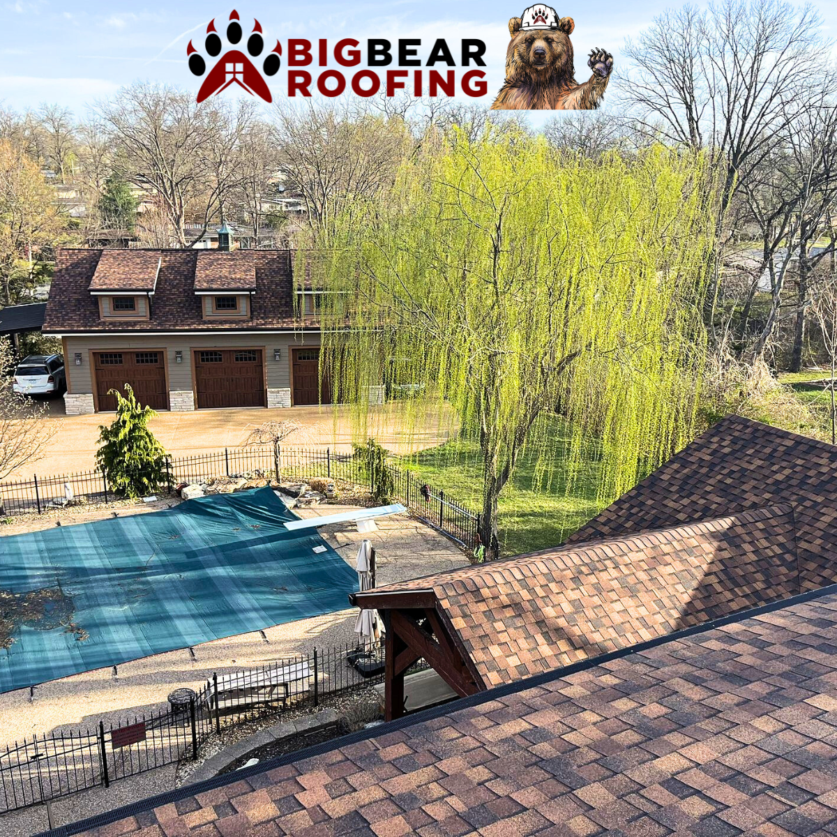 Brown-roofed home with a pool, garage, and trees. Big Bear Roofing logo in the top corner.
