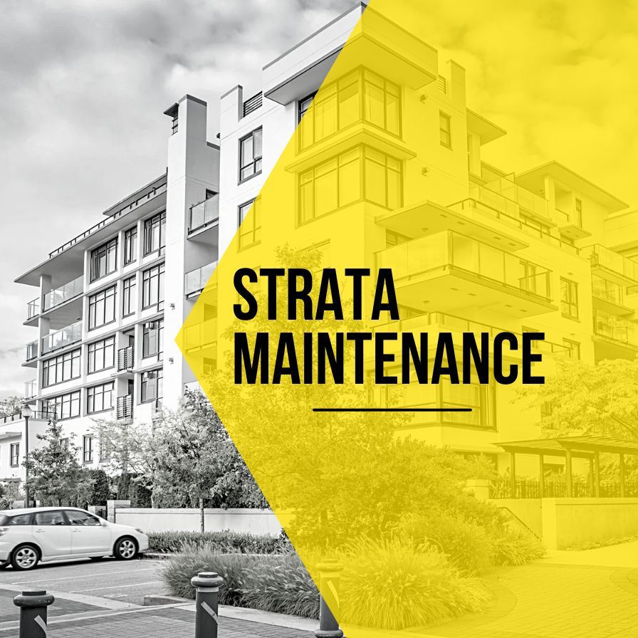 A black and white photo of a building with the words strata maintenance on it