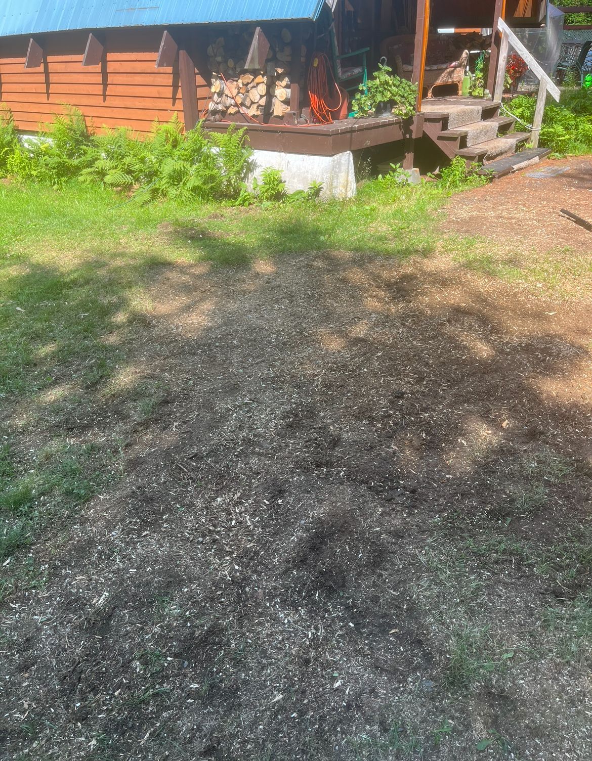 Cour herbeuse recouverte de paillis foncé devant un bâtiment en bois avec une terrasse et des marches.