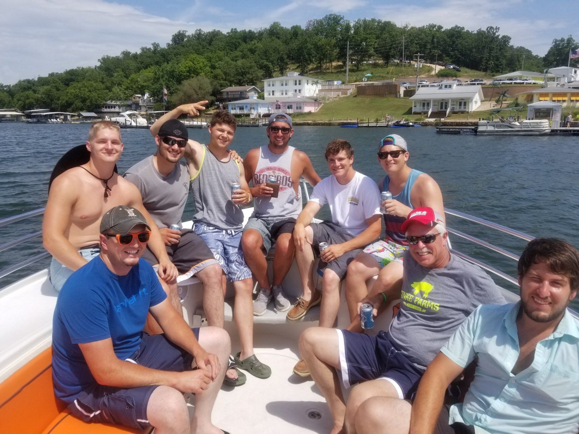 bachelor party posing on Lake of the Ozarks Water Taxi