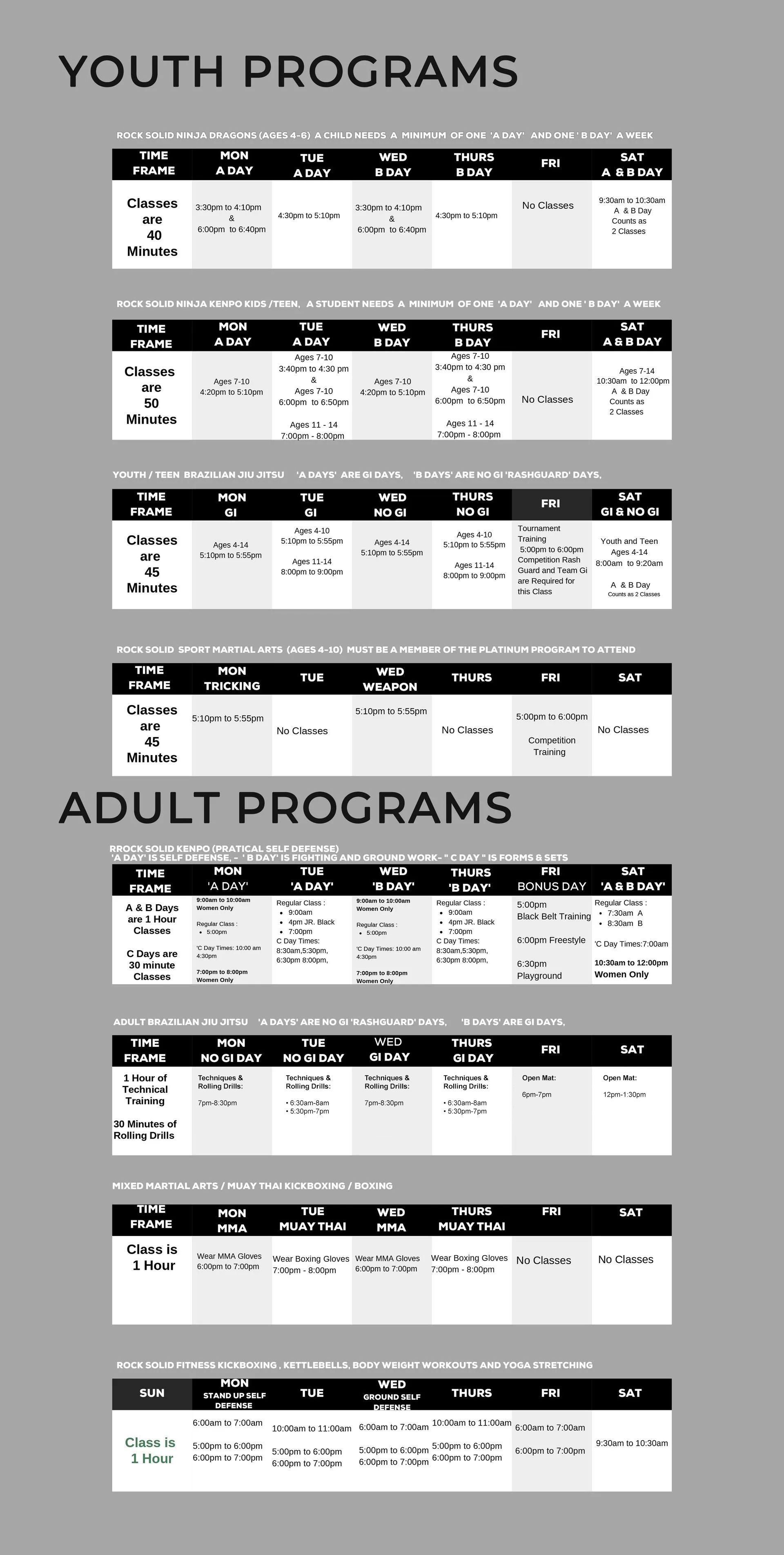A list of youth programs and adult programs on a gray background.