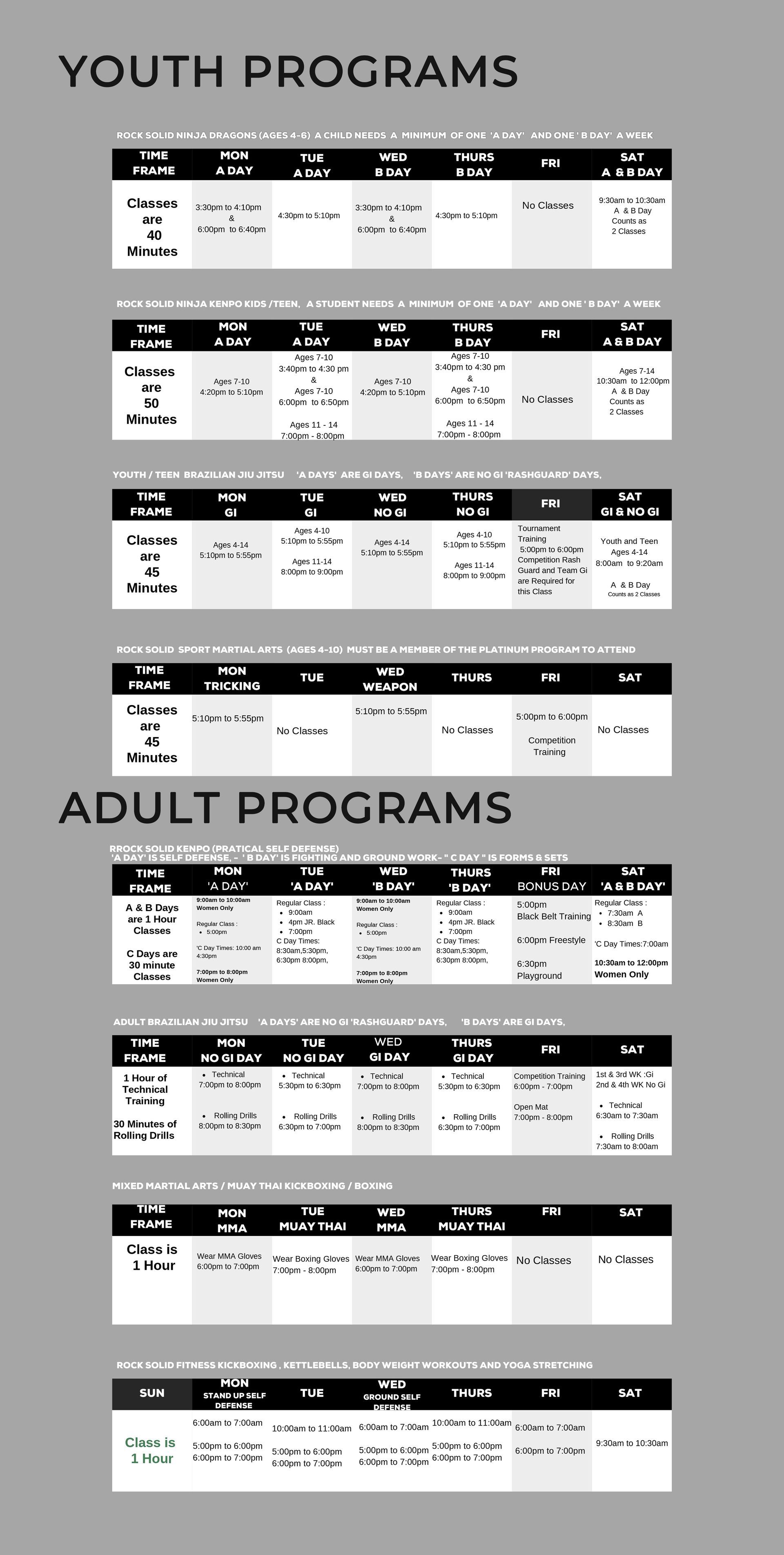 a schedule for youth and adult programs is shown