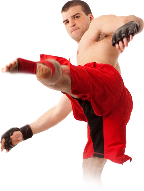 a man in red shorts is kicking his leg in the air