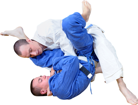 Two men are wrestling on a white background . one of the men is wearing a blue kimono.