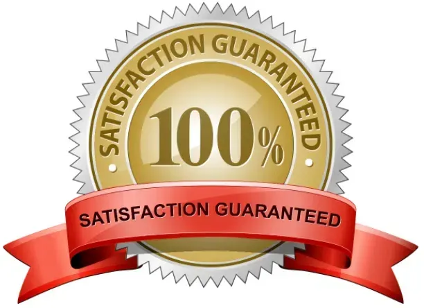 A 100 % satisfaction guaranteed seal with a red ribbon