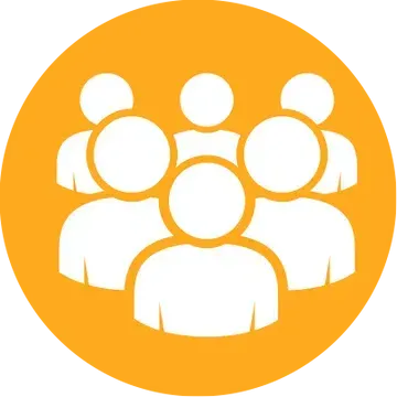 A group of people are gathered together in an orange circle