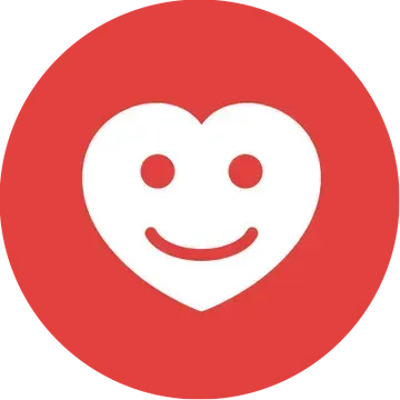 A white heart with a smiling face inside of a red circle.