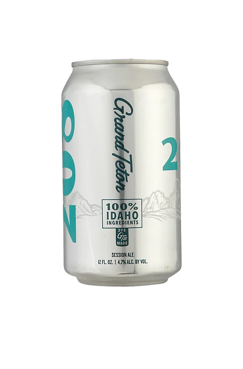 Can of Grand Teton 208 beer, silver with turquoise text and mountains, 