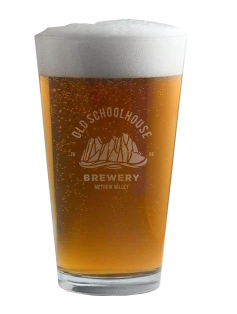 Glass of amber beer with a thick white head. Brewery logo on glass: 
