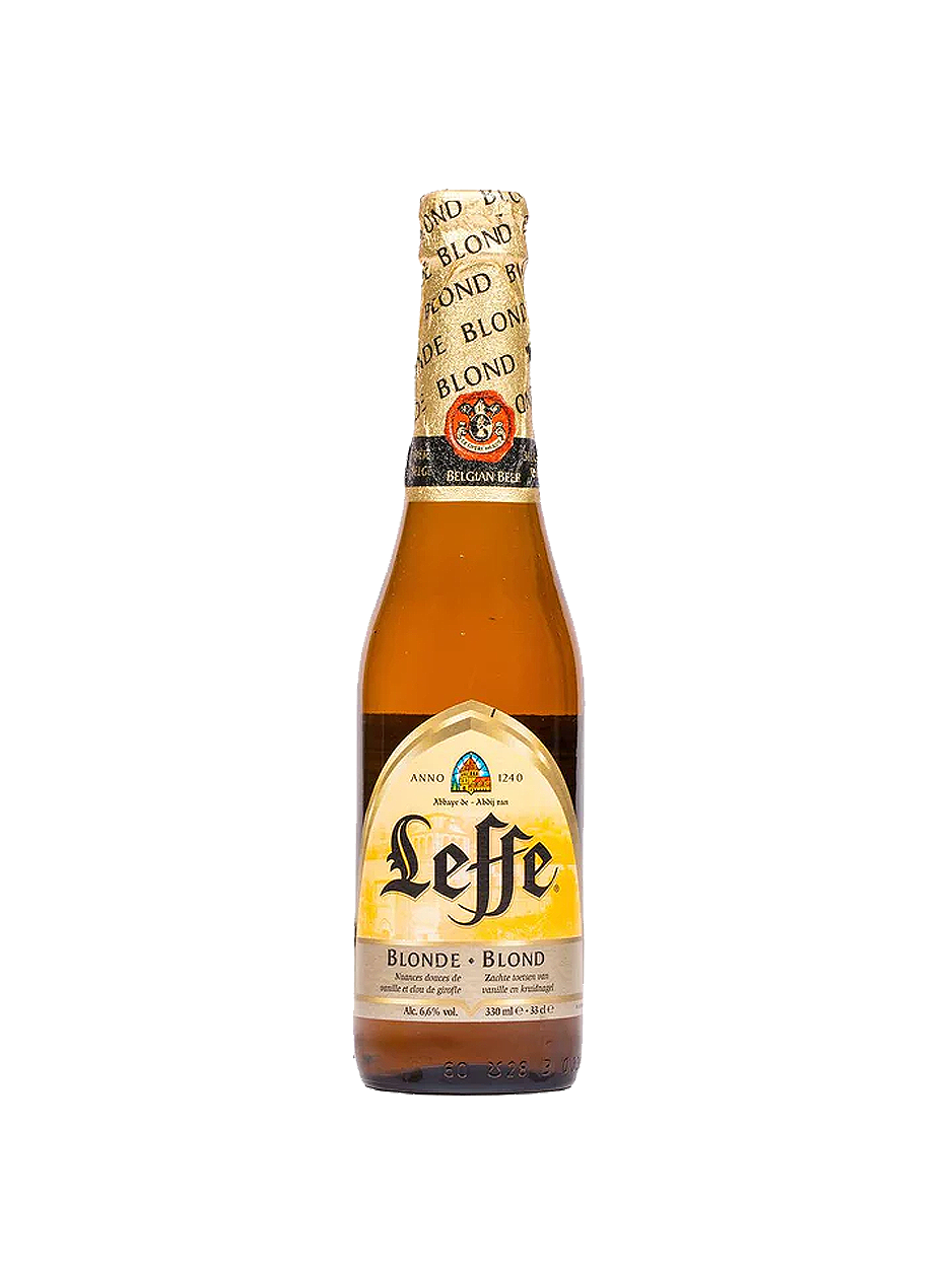 Leffe Blonde beer bottle. Amber liquid, gold foil neck wrap, yellow label with black text.