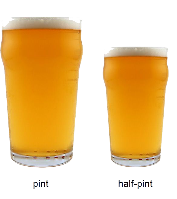 Two glasses of beer, a pint and a half-pint, side by side.