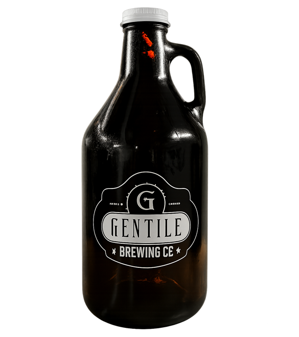 Dark brown glass growler with white cap and 