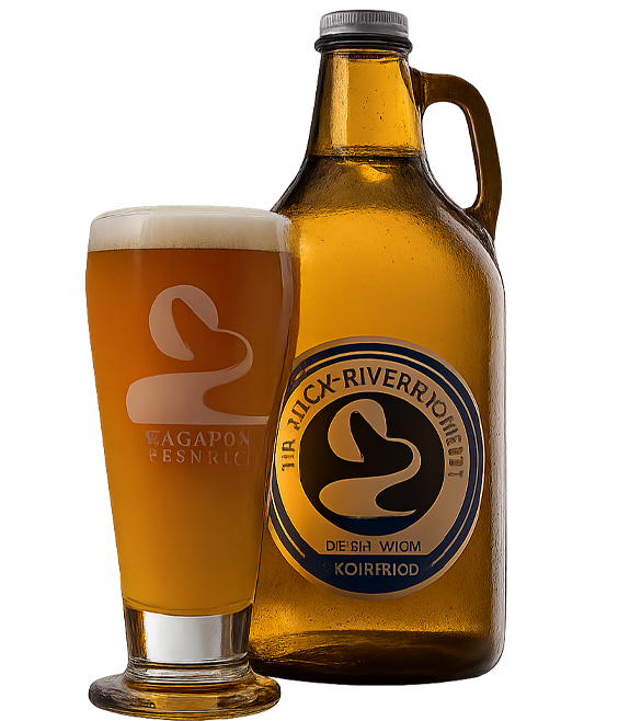 Glass of beer and growler bottle; amber liquid, blue label, logo with a swan.
