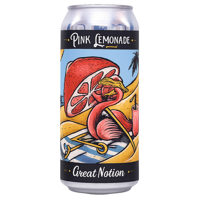 Pink lemonade can with a flamingo on a beach, slice of fruit, and a cocktail.