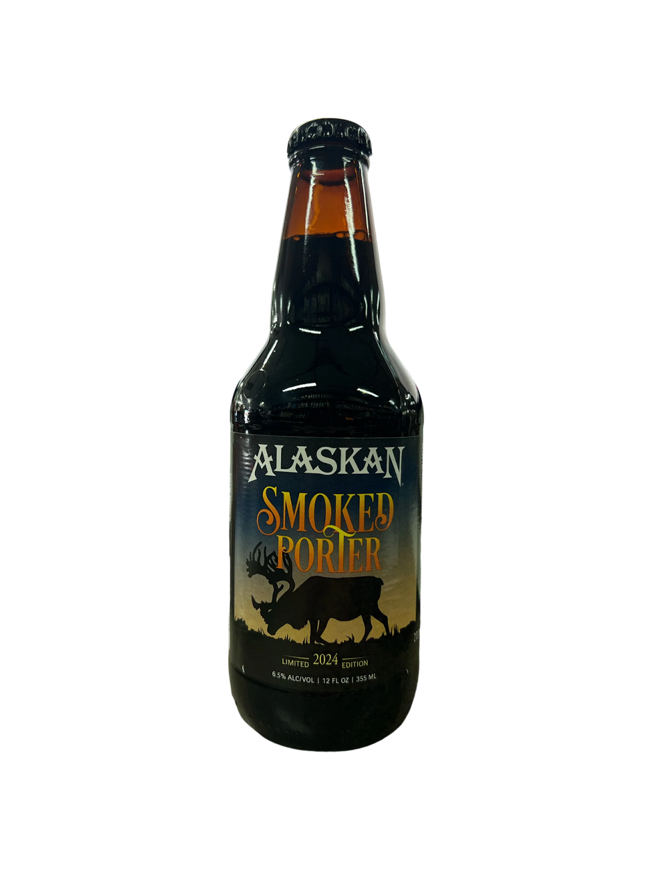 Bottle of Alaskan Smoked Porter beer with label featuring a silhouette of a moose.