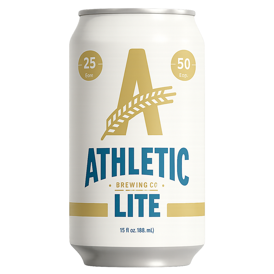 White can of Athletic Brewing Co. Lite non-alcoholic beer with gold and blue text and graphics.