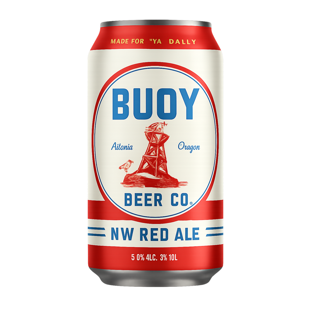 Buoy Beer Co. NW Red Ale can. Red and white label with lighthouse image, 