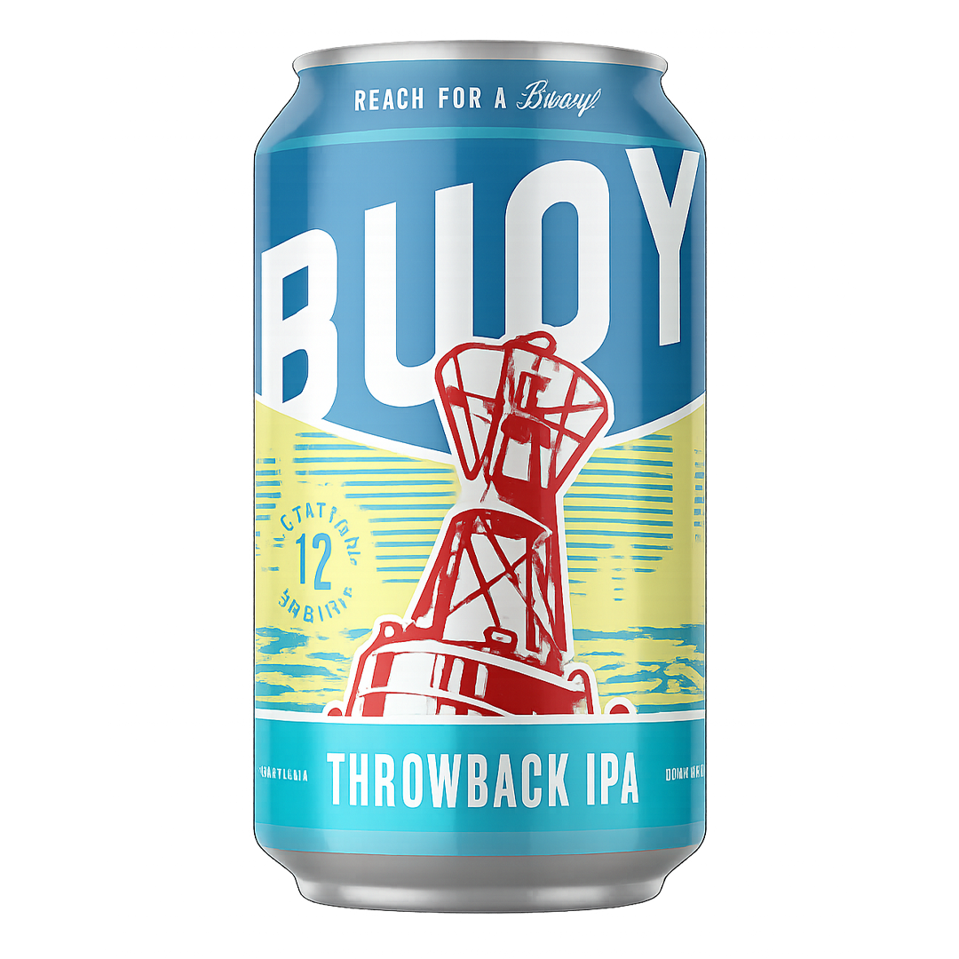 Blue and white beer can with the word 