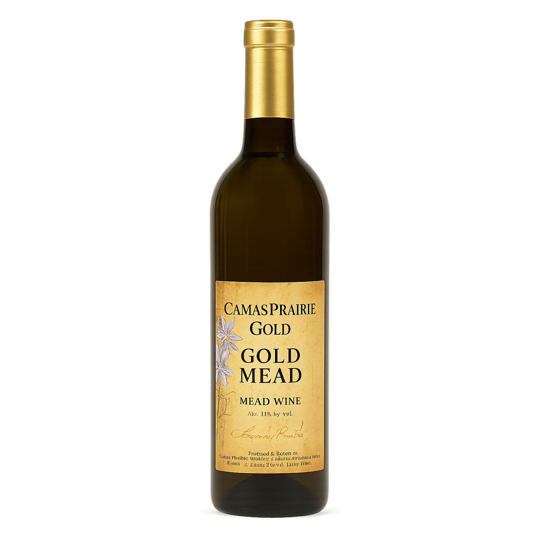 Bottle of Gold Mead, label with gold text, cream background, gold cap and neck.