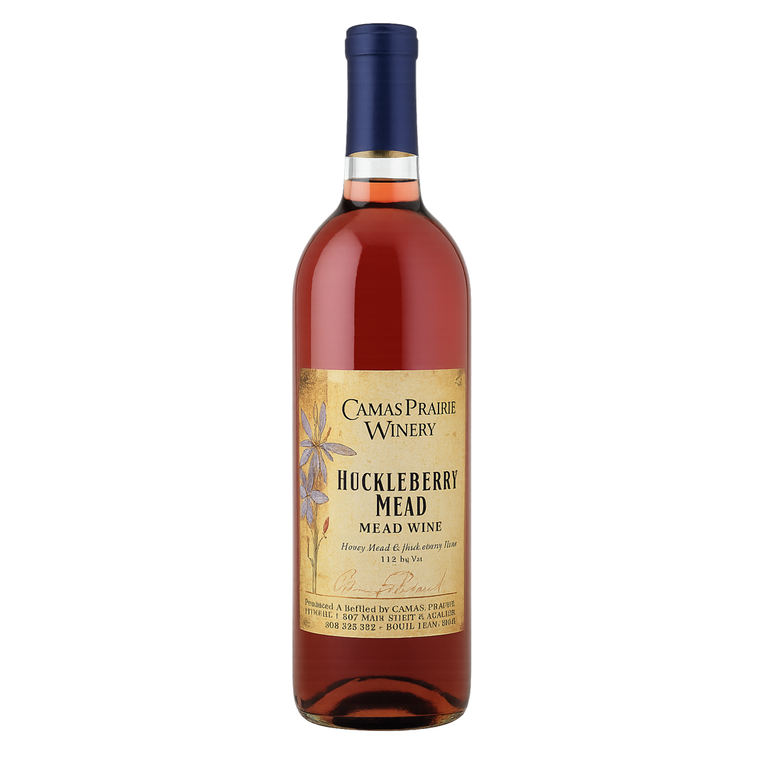 Bottle of dark amber wine with a blue cap and a label, likely mead.