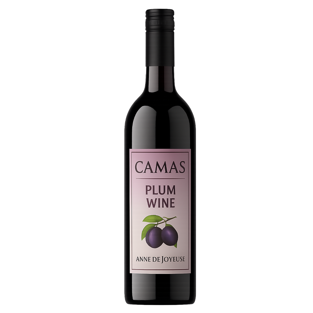 Bottle of Camas Plum Wine with purple label, black cap and plums illustration.