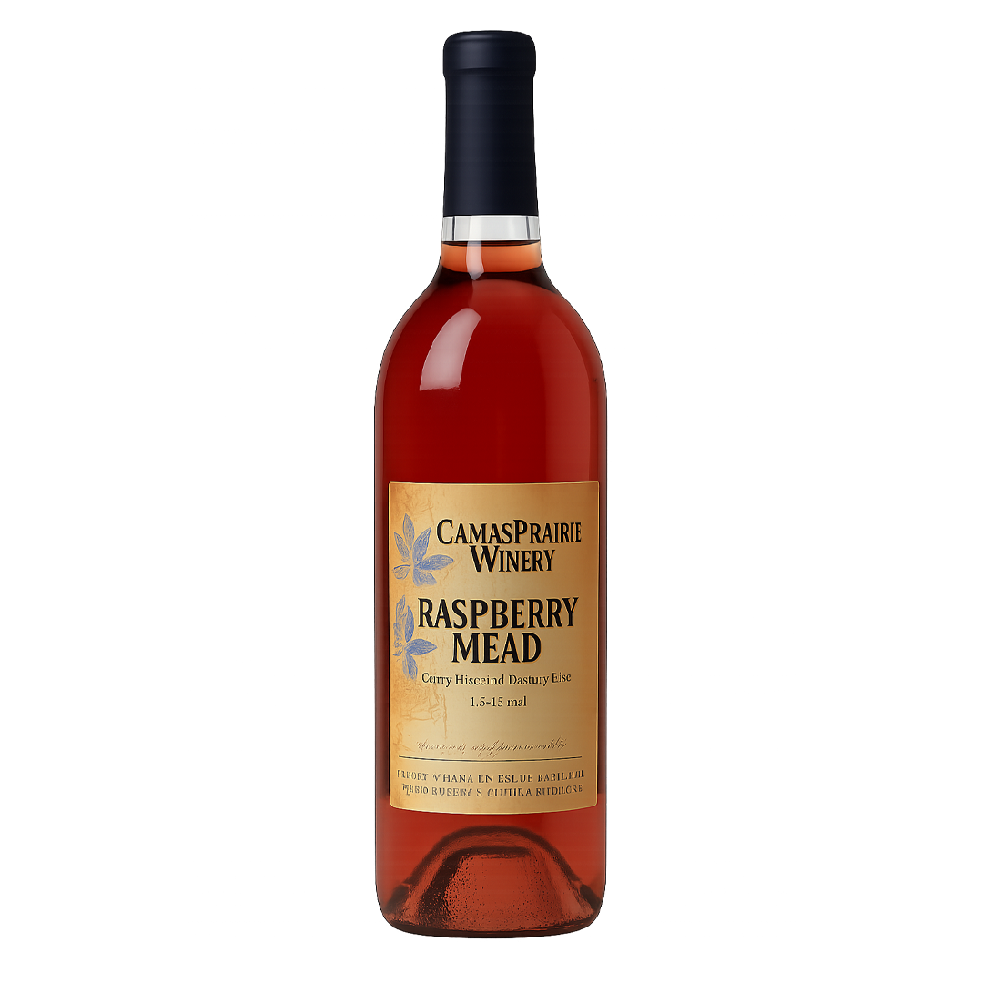 Bottle of red raspberry mead, with a brown and gold label.