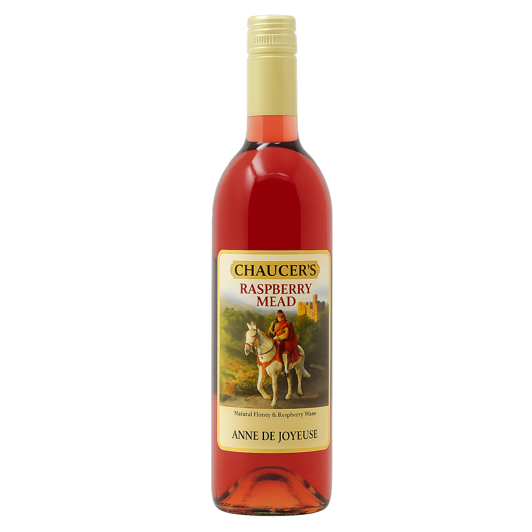 Bottle of Chalcer's Raspberry Mead. Red wine with a label showing a person on a horse.