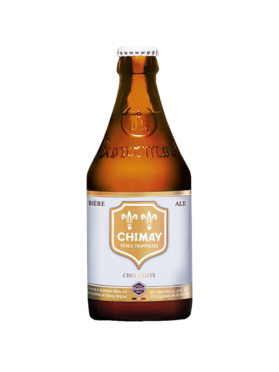 Bottle of Chimay beer with white and gold label, brown glass.