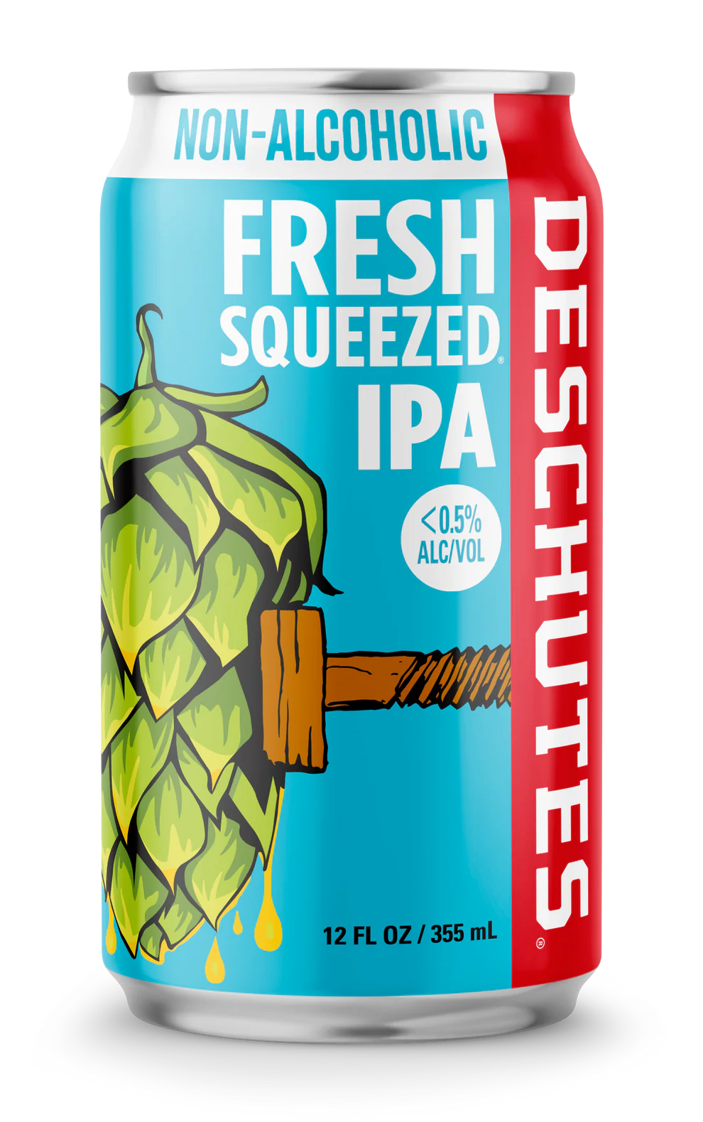 Can of Deschutes Fresh Squeezed IPA non-alcoholic beer with hop illustration and blue, red, and white design.
