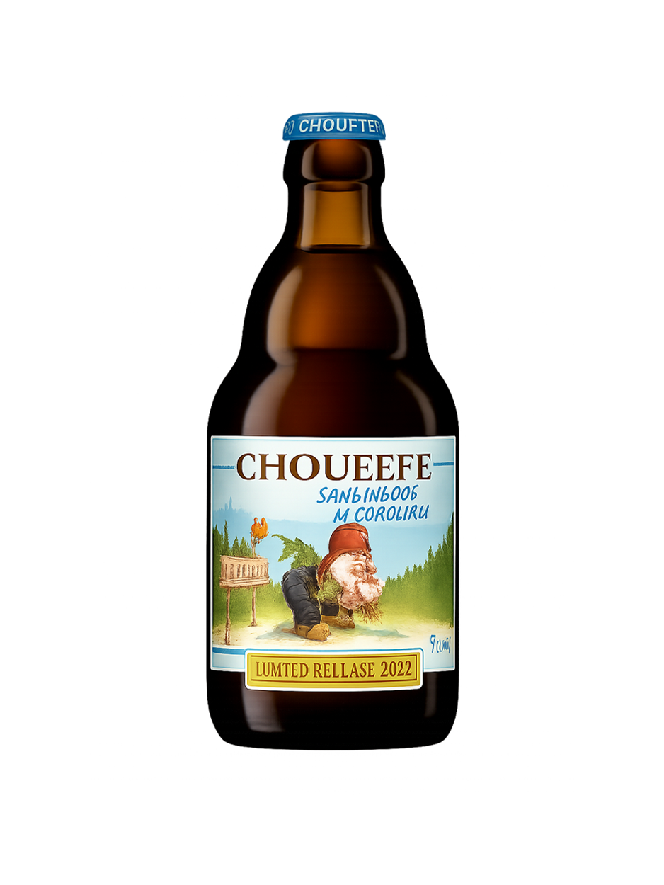 Bottle of Chouffe beer with a cartoon gnome on the label.