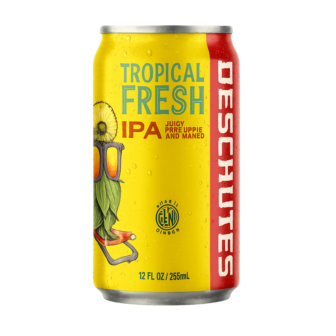 Yellow Deschutes Tropical Fresh IPA can with red side.