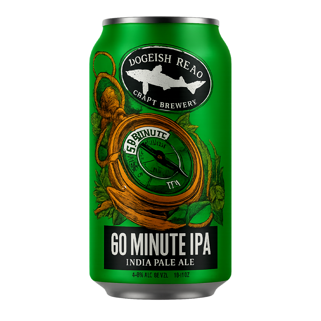 Green can of Dogfish Head 60 Minute IPA beer with a compass design.