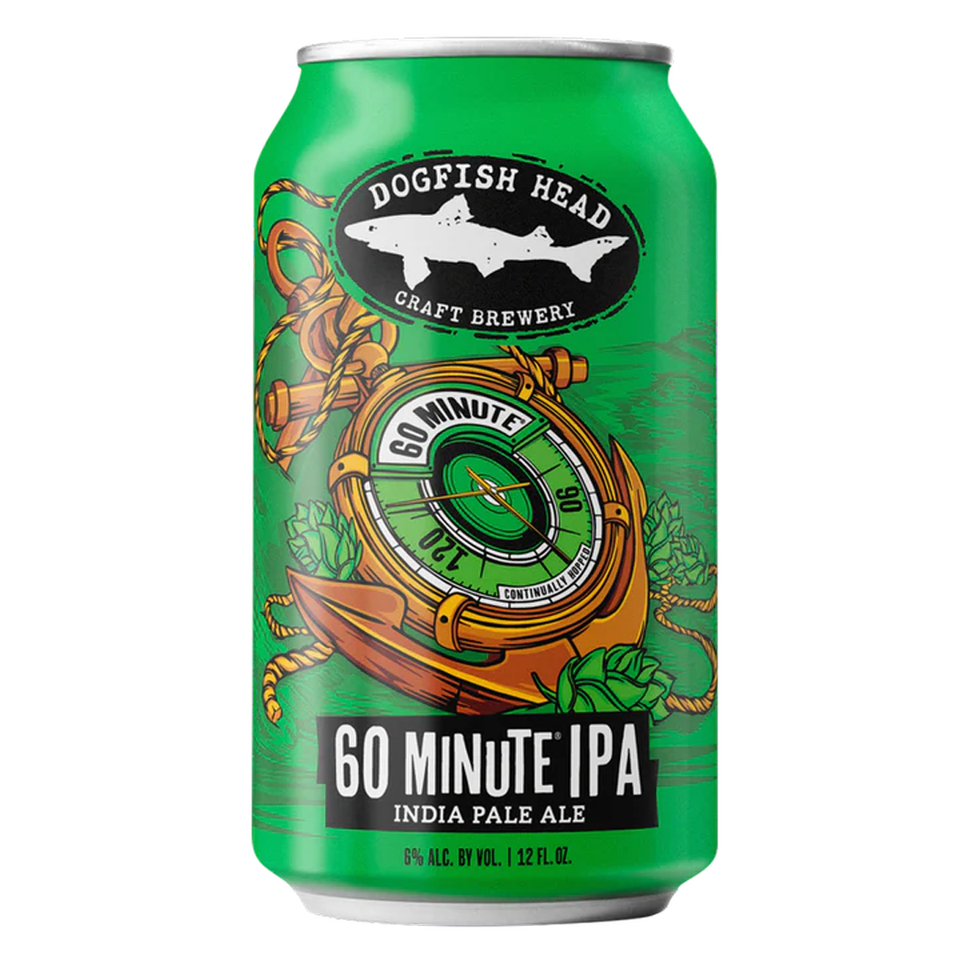 Green can of Dogfish Head 60 Minute IPA beer with a compass and anchor design.