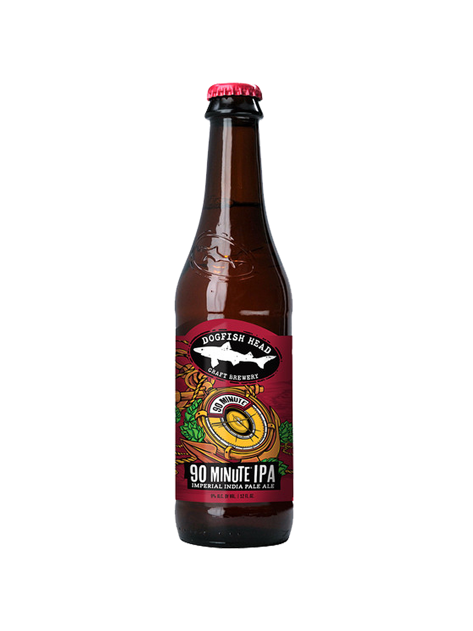 Bottle of Dogfish Head 90 Minute IPA beer, brown with a red and black label.