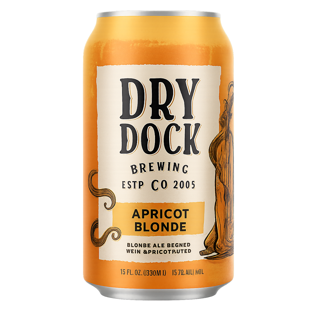 Can of Dry Dock Apricot Blonde beer with apricot label.