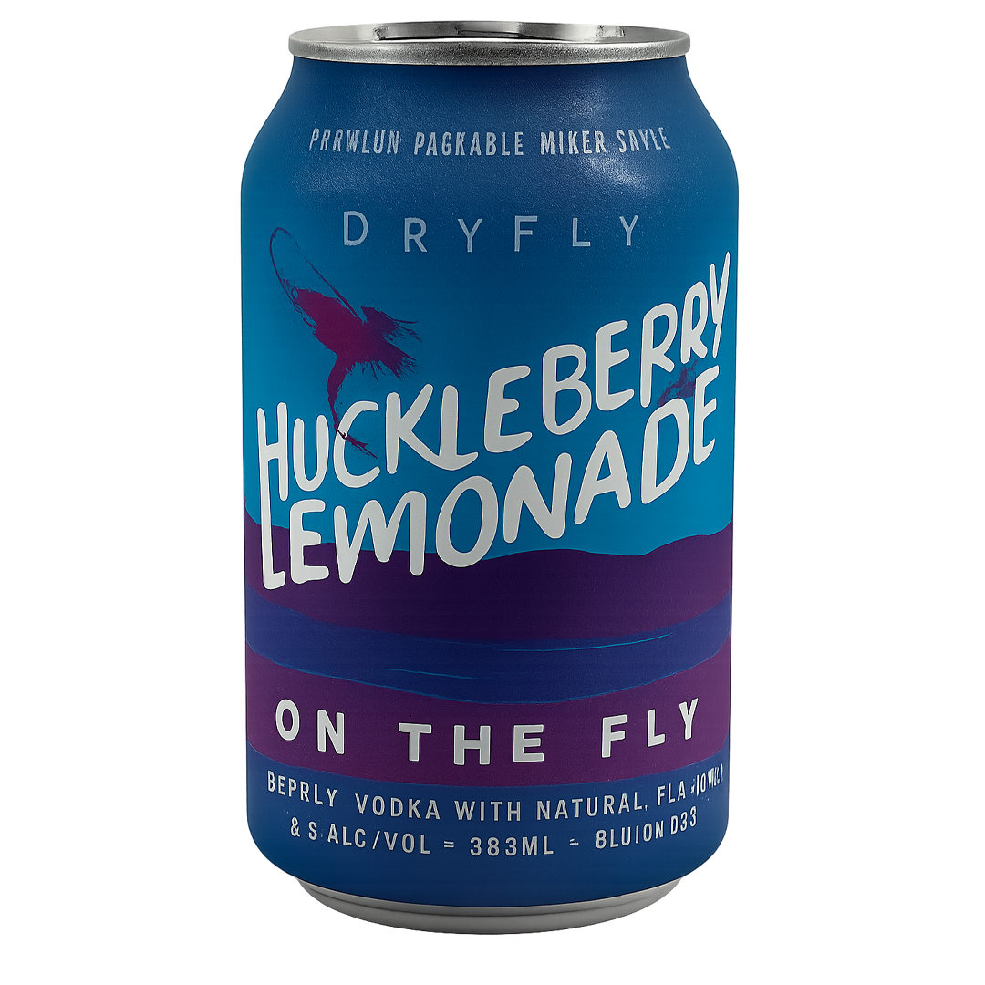 Can of Dryfly Huckleberry Lemonade. Blue, purple, and white label. Contains vodka.