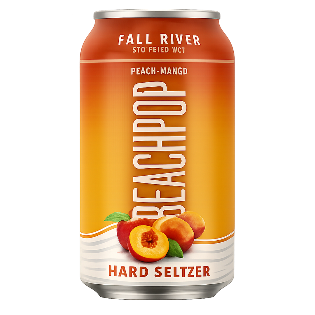 Can of Peachpop hard seltzer, peach and mango flavor. Orange and white label with peach graphic.