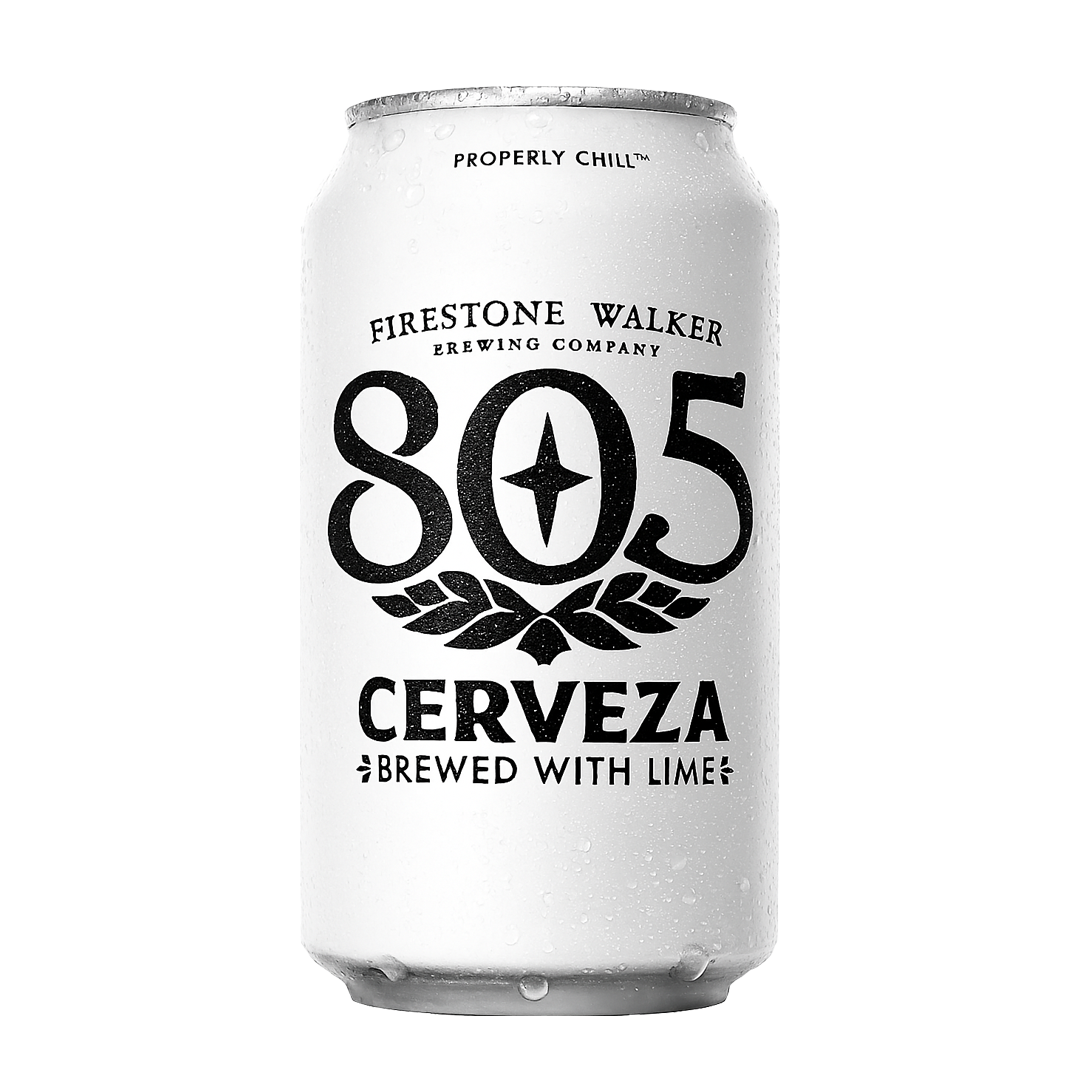 White can of Firestone Walker 805 Cerveza beer with dew. Text: 