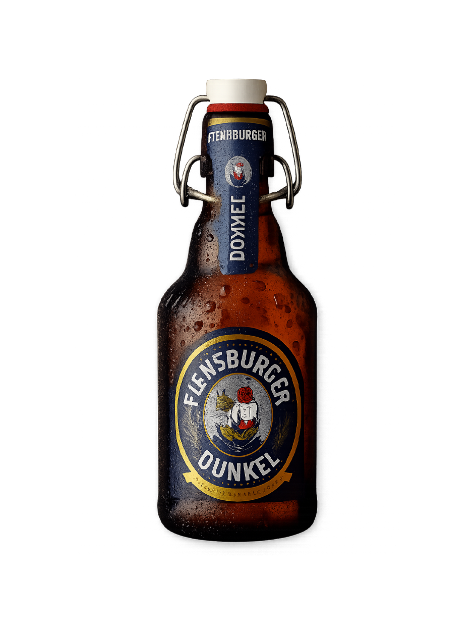 Bottle of Flensburger Dunkel beer with a swing-top cap, dark brown glass, and wet with condensation.
