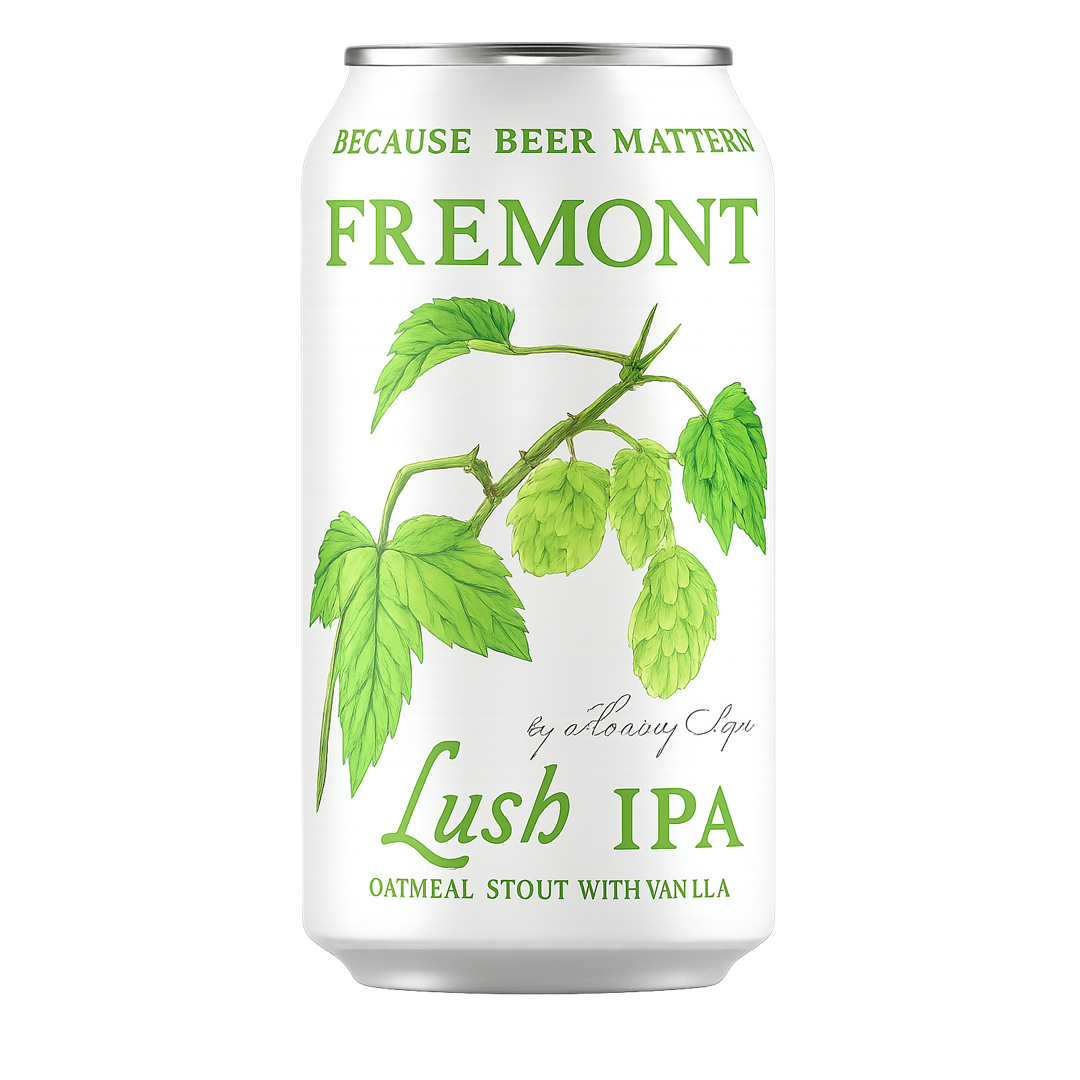 Fremont Lush IPA beer can with hops illustration on a white background. 
