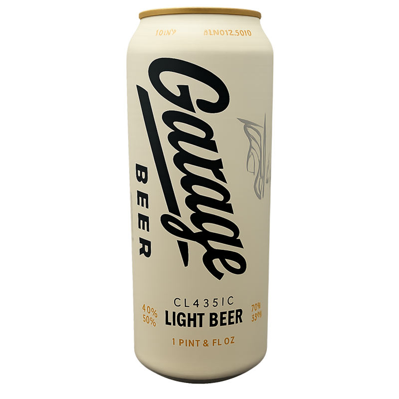 Can of Garage Light Beer, cream-colored with black lettering and a sketched design, 1 pint & 6 fl oz.