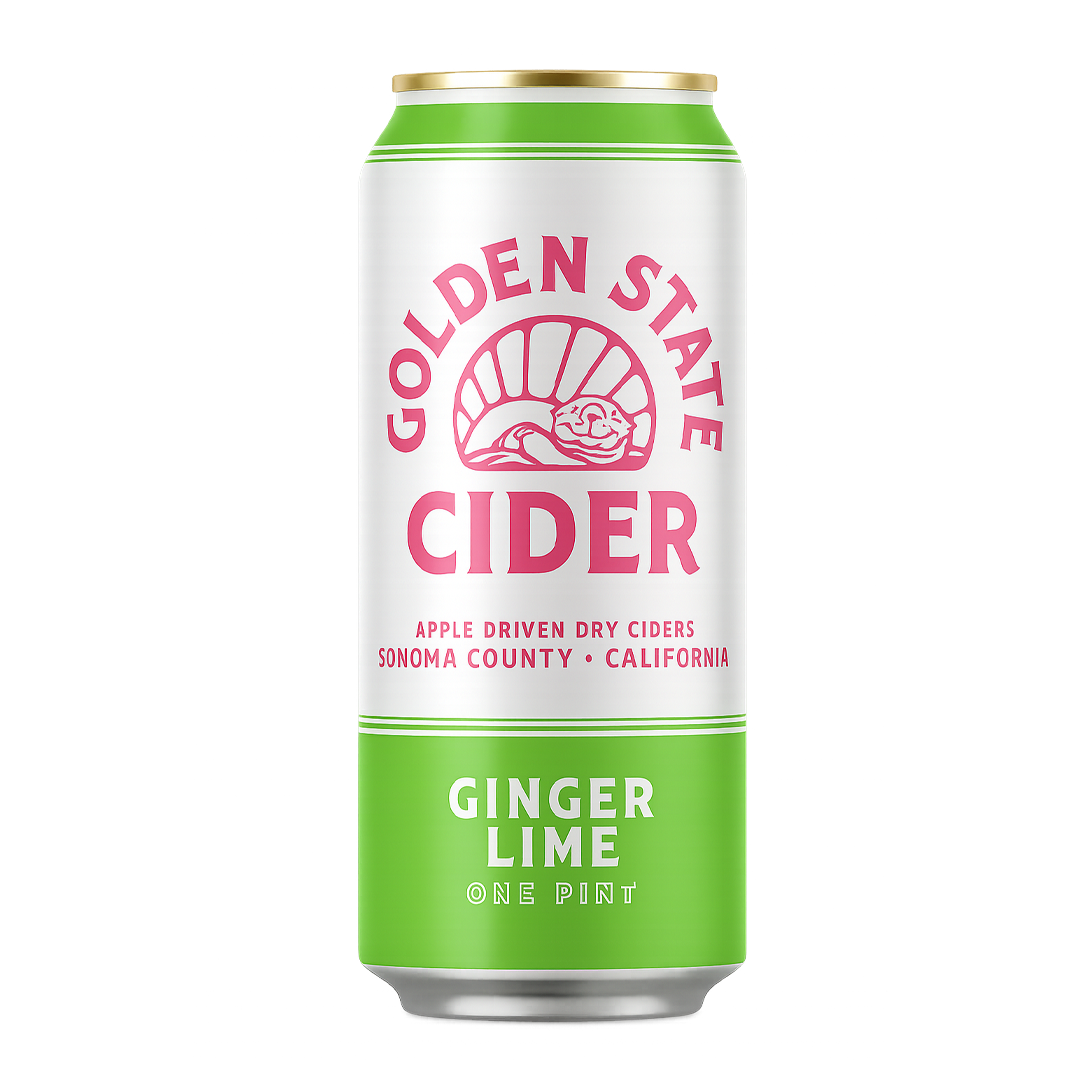 Can of Golden State Cider, Ginger Lime flavor; white and green label with pink text.